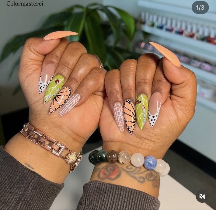 Peach, green and graphic nail art by CiCi
