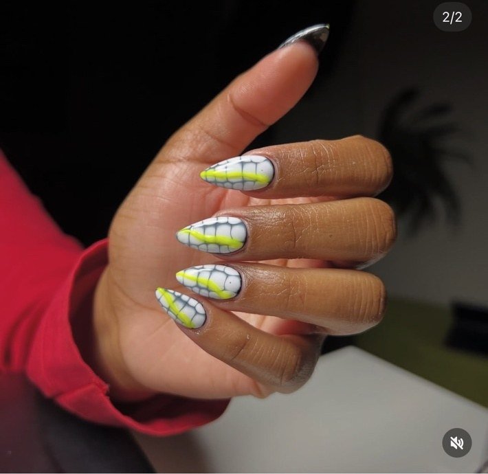 White and lime graphic nail art by CiCi