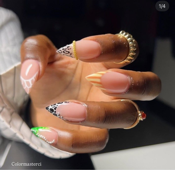 Detailed French tips with mixed patterns by CiCi