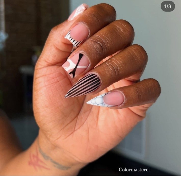 Pink and black linework nail art by CiCi